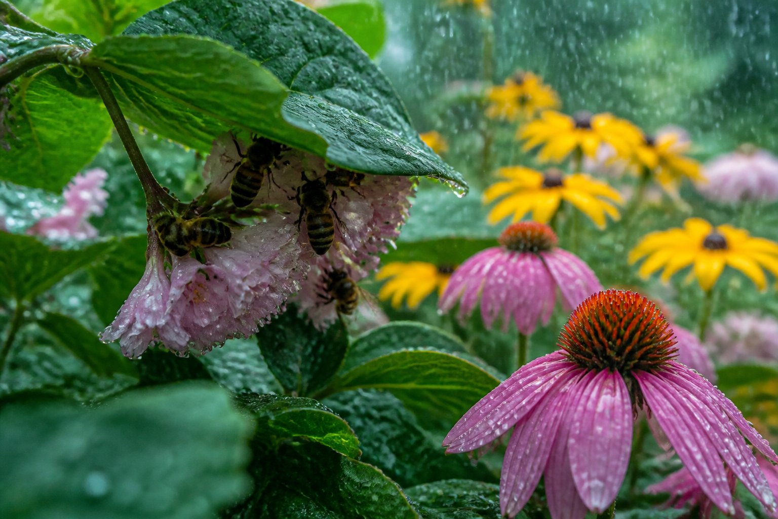 A garden with colorful flowers and bees sheltering under leaves during a gentle rain shower.