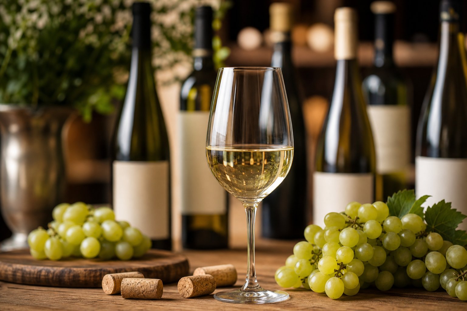 Ein Glas Riesling-Wein auf einem Holztisch mit grünen Trauben und Weinflaschen im Hintergrund.