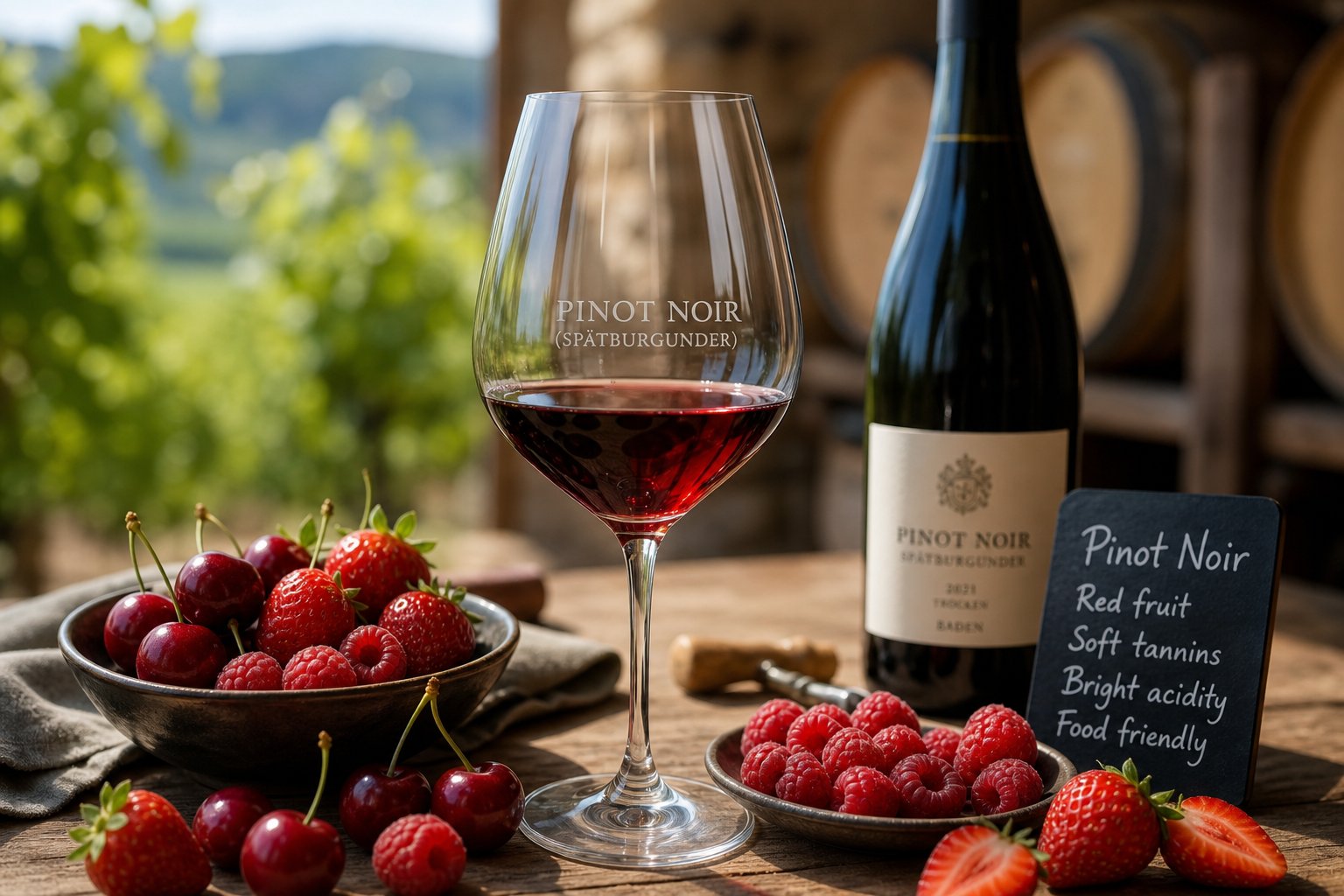 Ein Glas Pinot Noir Wein mit roten Früchten auf einem Holztisch, im Hintergrund unscharfer Weinkeller.