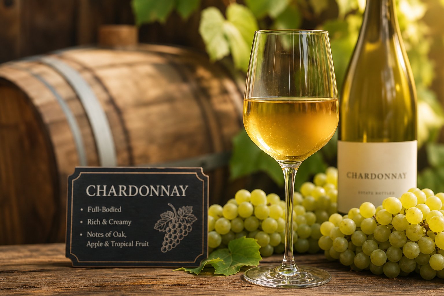 Ein Glas Chardonnay-Wein auf einem Holztisch mit grünen Trauben und Eichenfässern im Hintergrund.