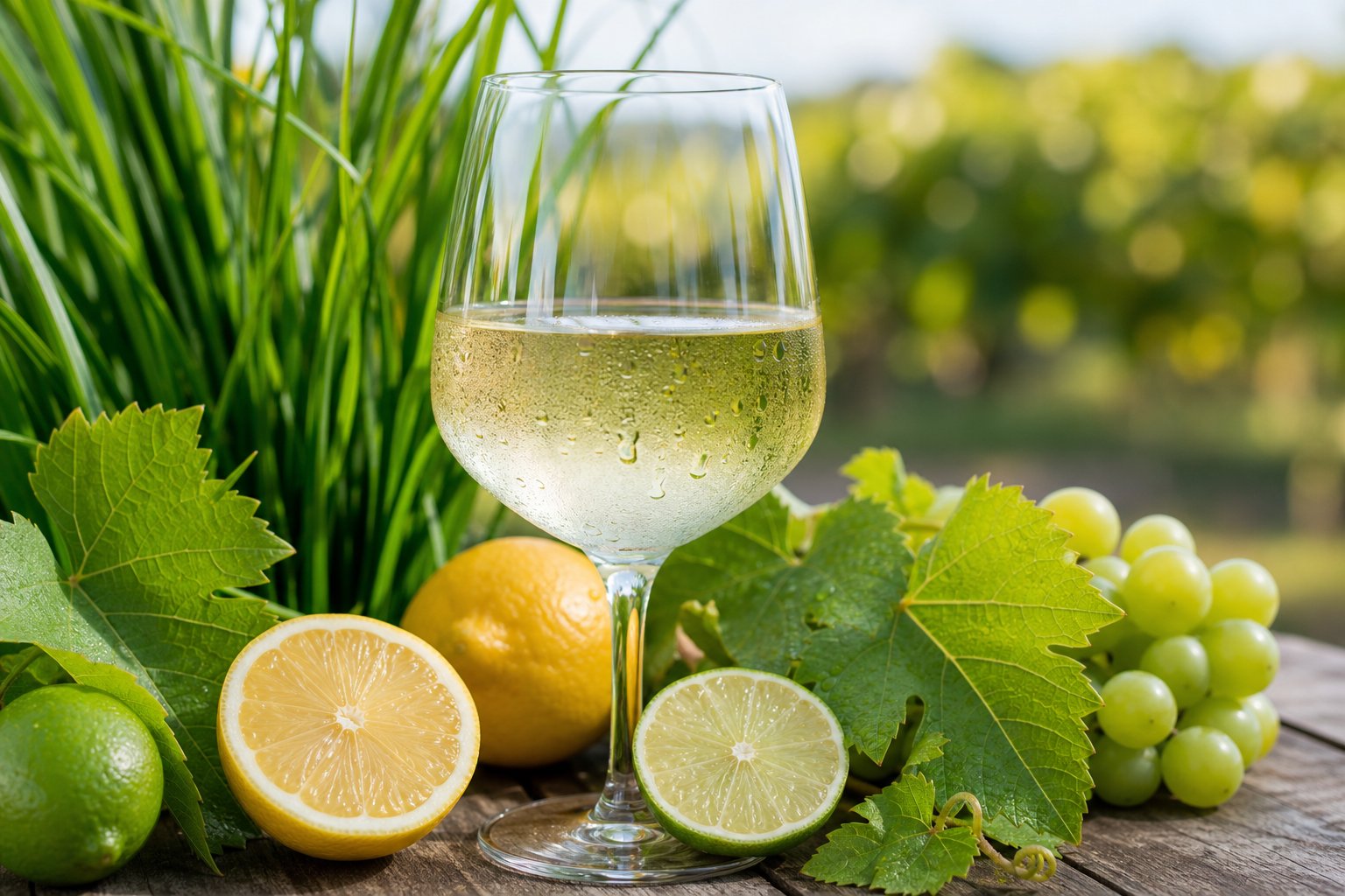 Ein Glas Sauvignon Blanc Wein auf einem Holztisch mit frischen Grasblättern und geschnittenen Zitrusfrüchten im Hintergrund.
