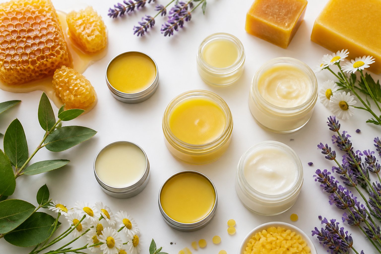 Various beeswax skincare products displayed with natural elements like honeycomb, flowers, and leaves on a white surface.