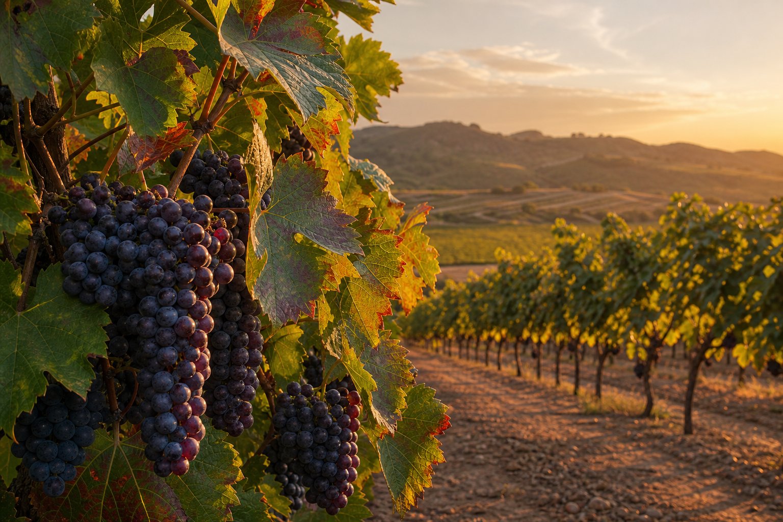 Blick auf einen spanischen Weinberg mit reifen Tempranillo-Trauben an den Reben bei Sonnenuntergang.