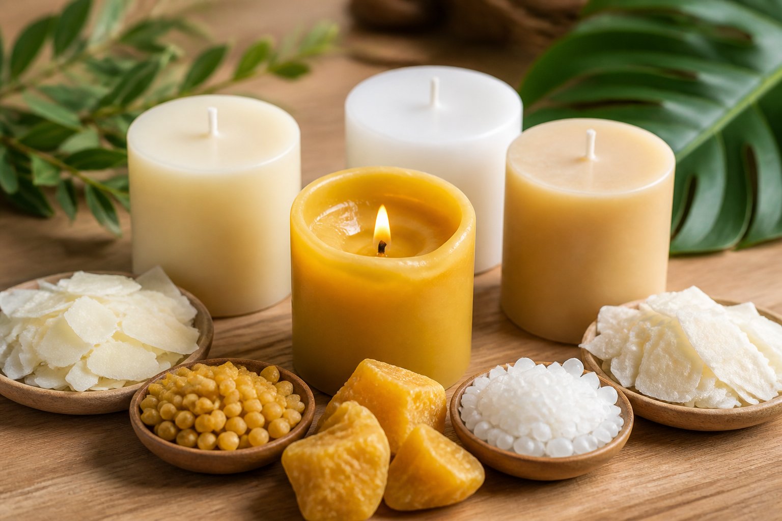 A close-up of various types of candle waxes including a beeswax candle and samples of other waxes arranged on a wooden surface.
