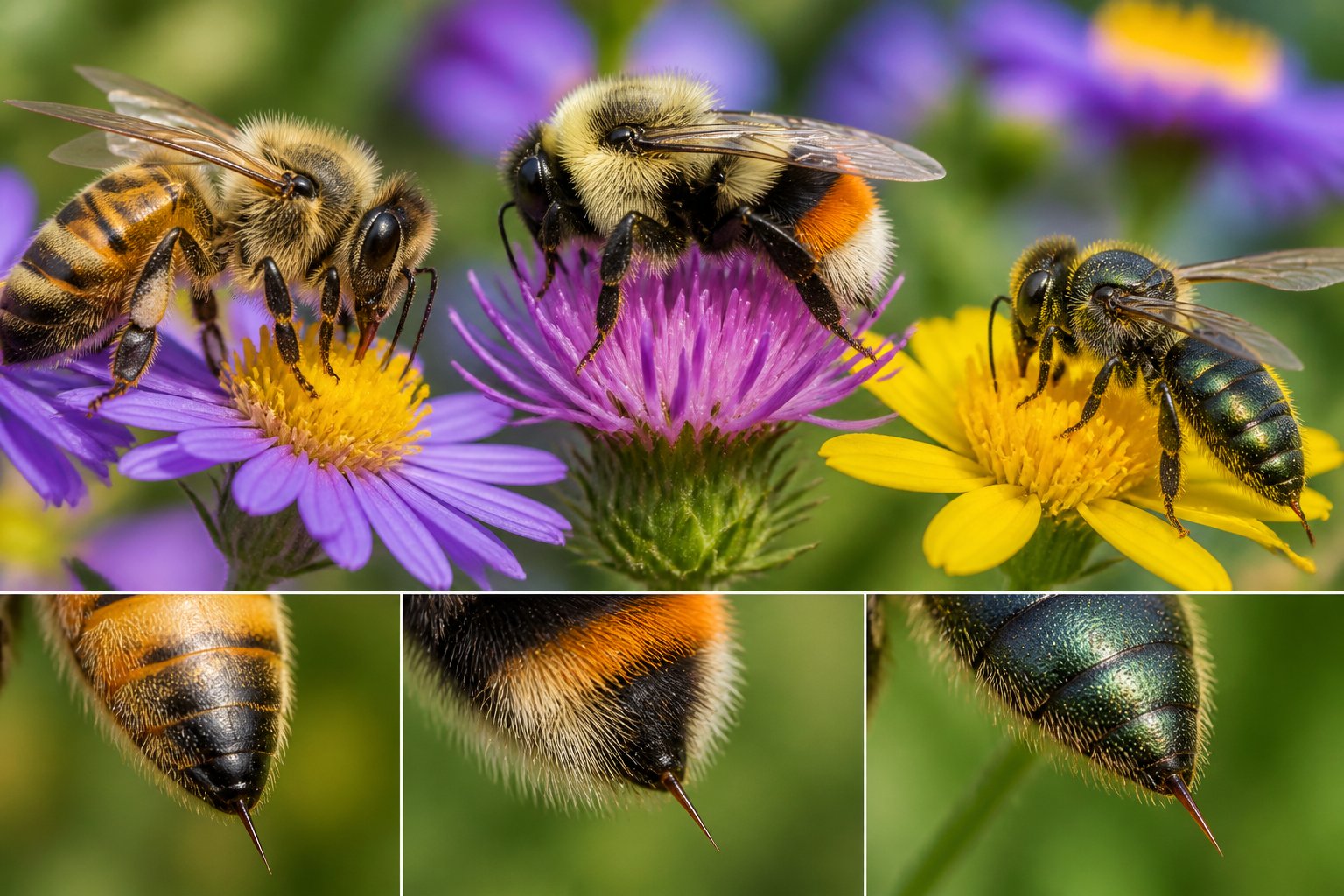 Close-up of various bees on flowers showing their bodies and stingers in a natural outdoor setting.