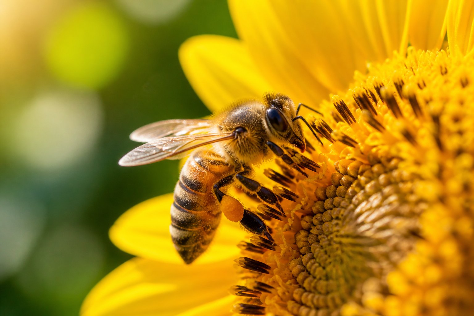 A honey bee collecting nectar from a yellow sunflower in a sunlit garden.