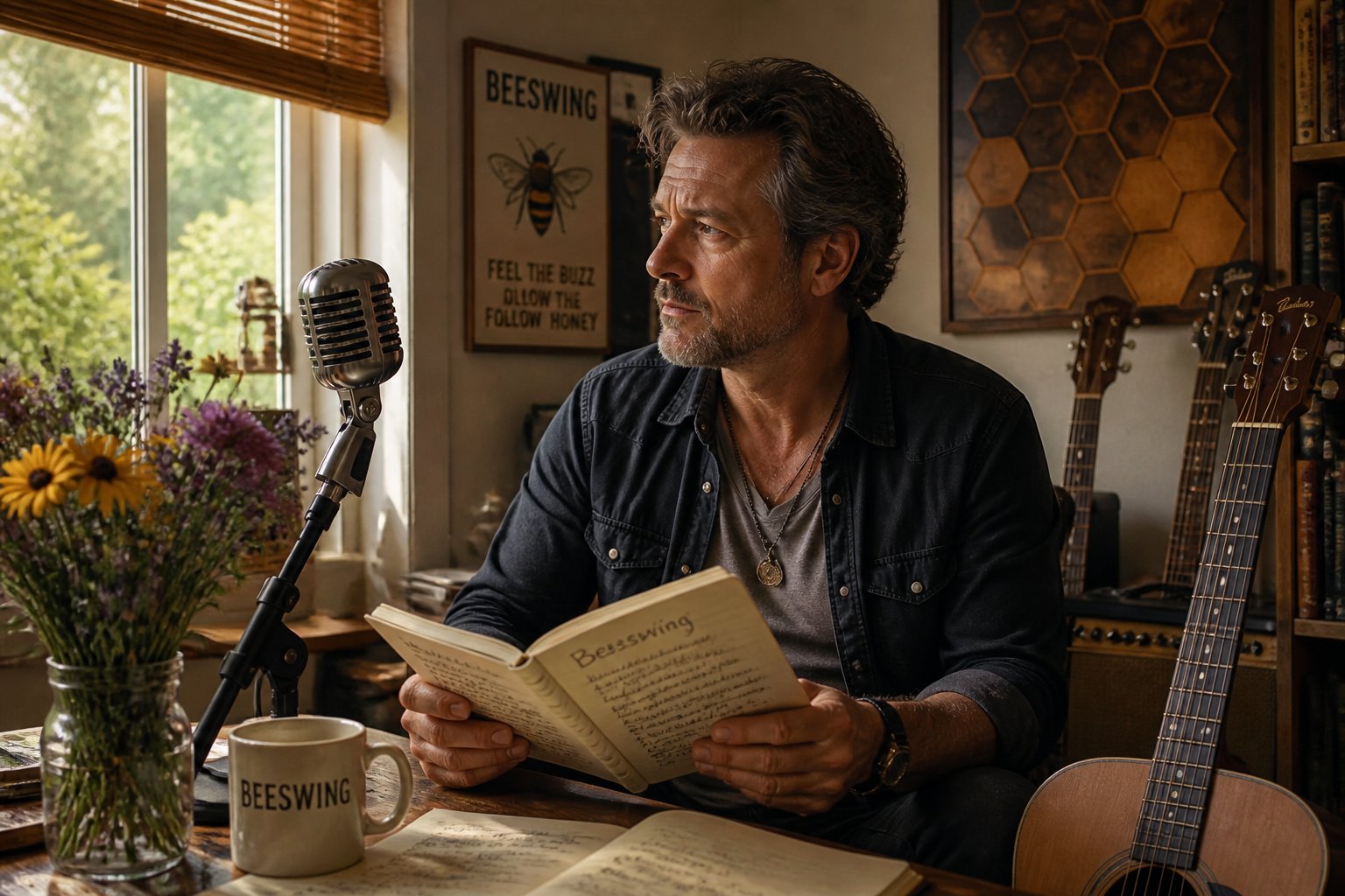 A middle-aged man in a home studio holding a notebook with lyrics, surrounded by musical instruments and natural light.