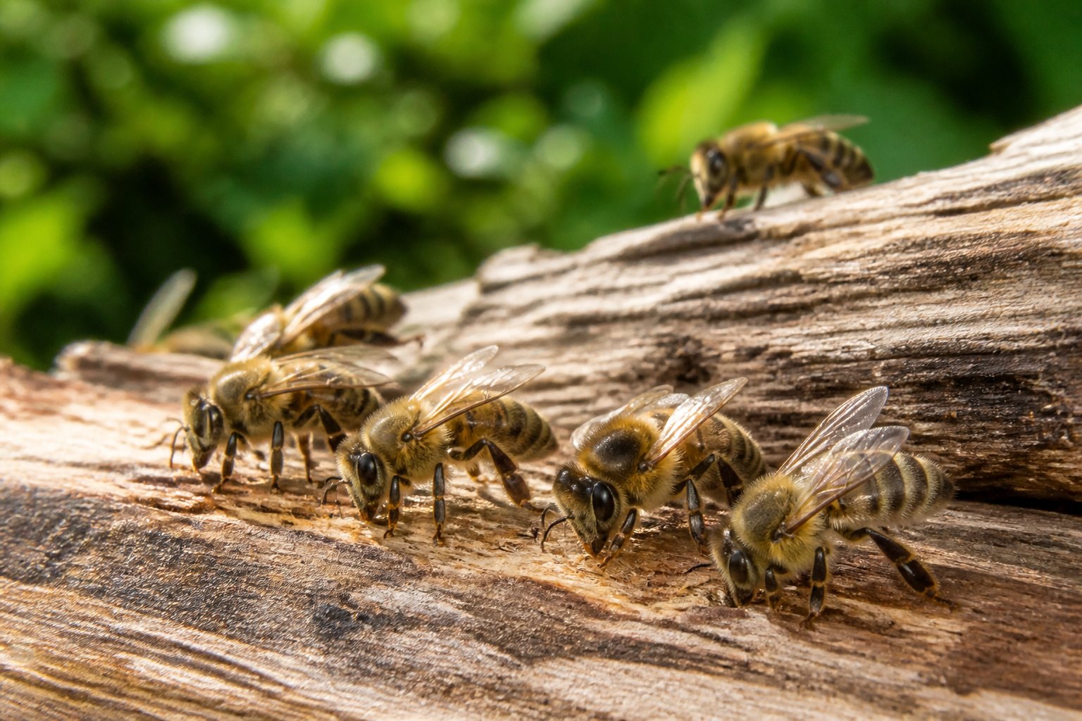 Close-up of bees on textured wood outdoors with green blurred background.