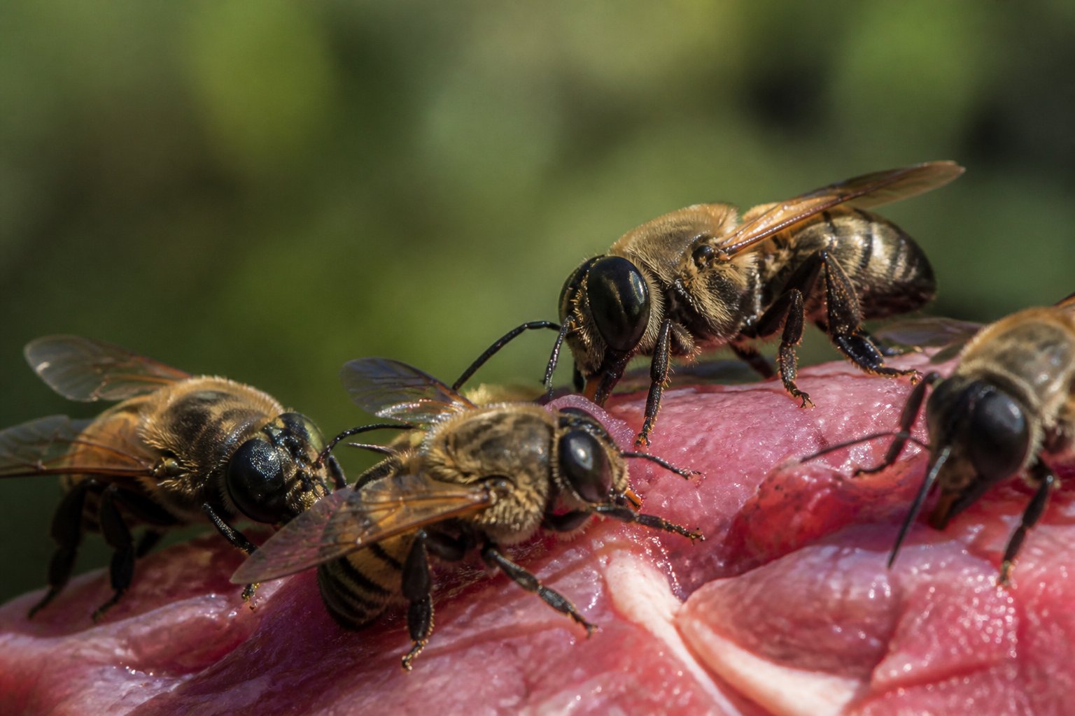 A close-up of bees feeding on a piece of raw meat with green foliage in the background.
