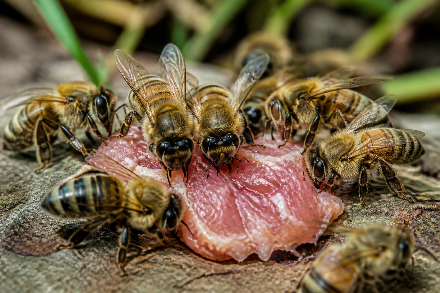 Close-up of bees feeding on a small piece of raw meat on a natural surface outdoors.