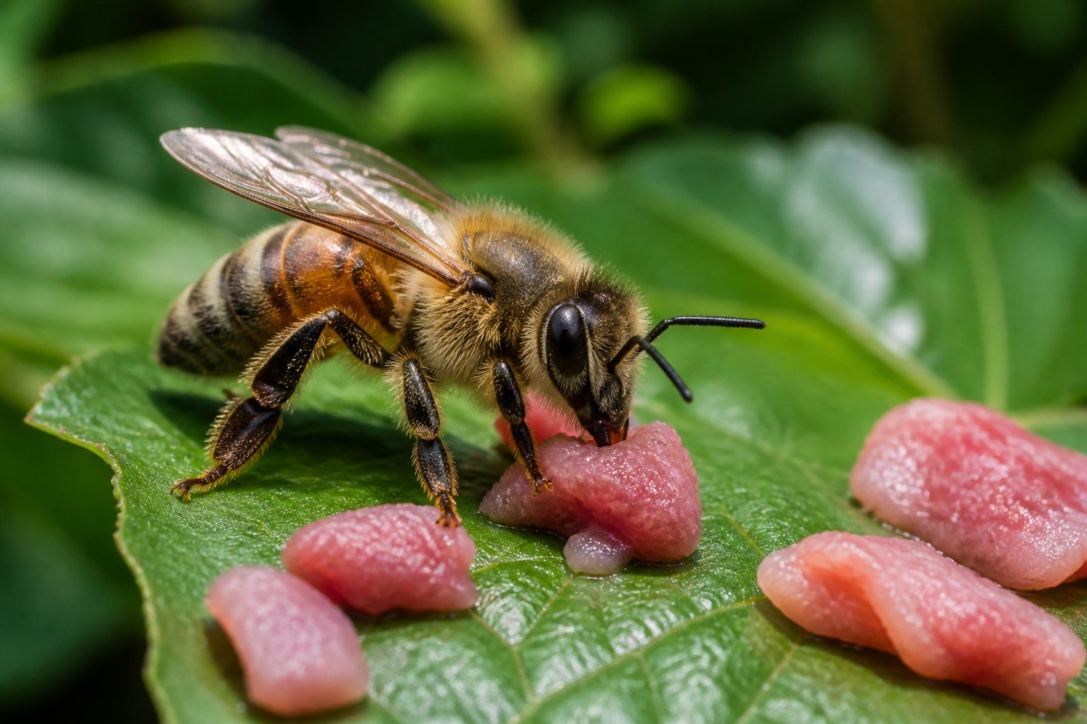 A close-up of a bee on a green leaf with small pieces of raw meat nearby in a natural outdoor setting.