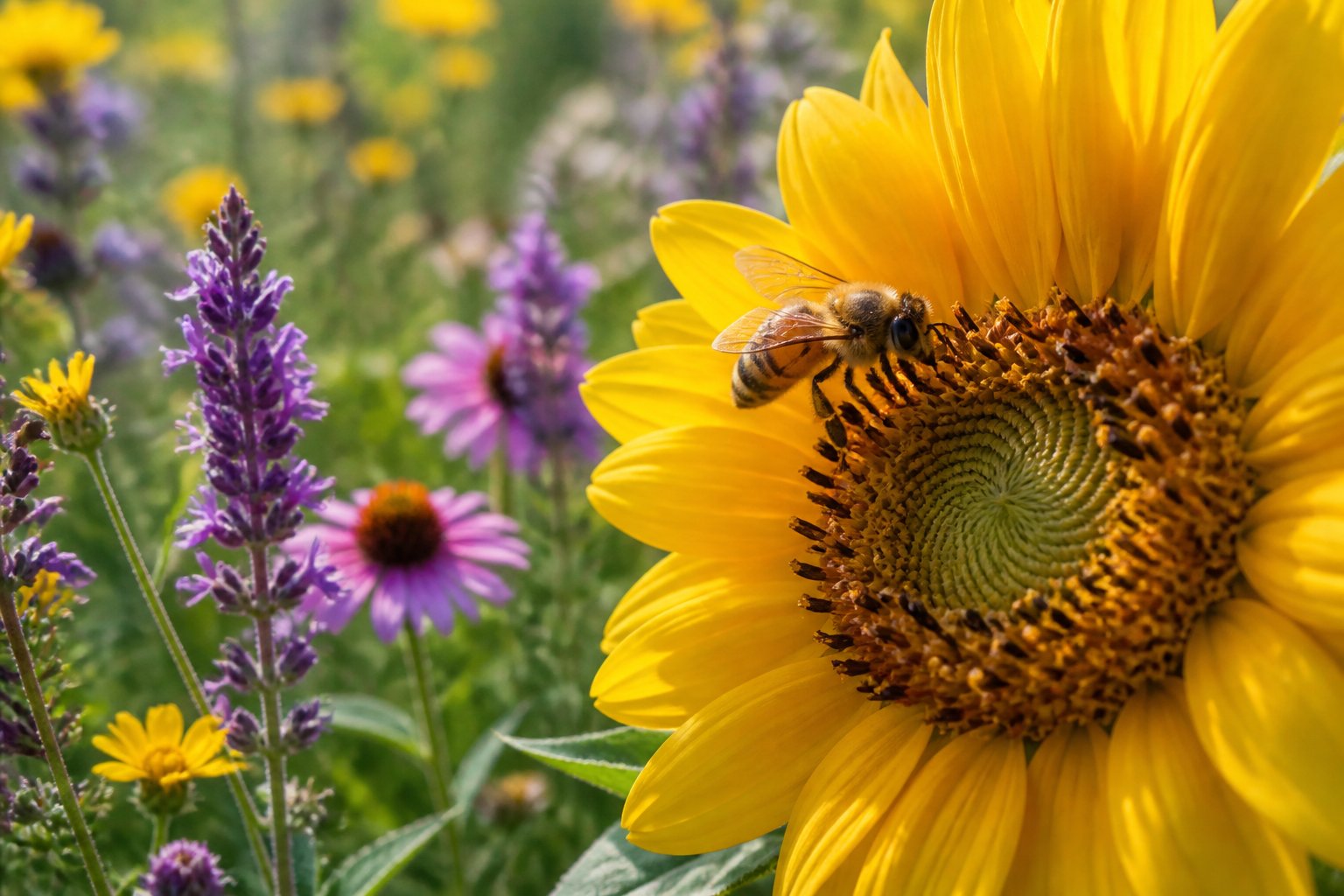 A honeybee collecting nectar from a yellow sunflower in a meadow with wildflowers and green plants.