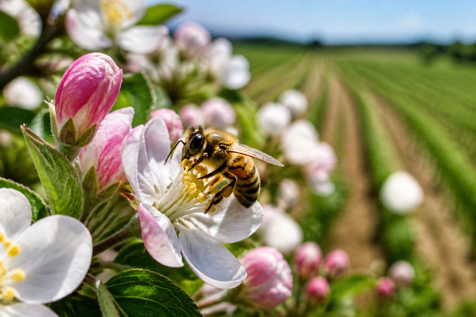 A honeybee collecting nectar from a flower in a garden with crops blurred in the background.