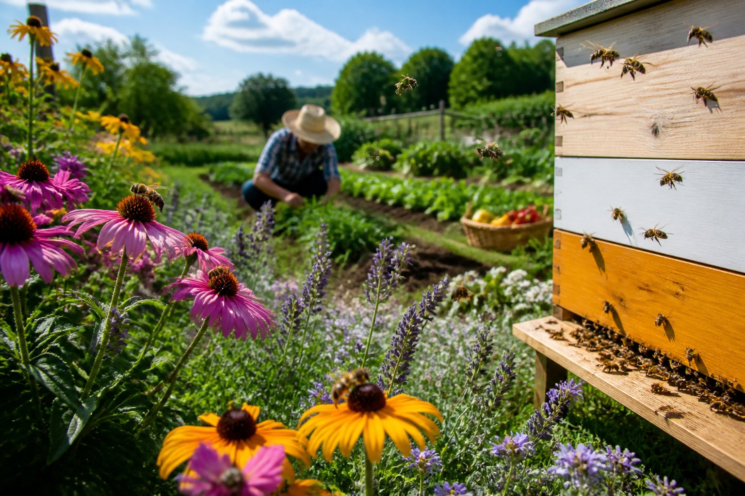 Bees pollinating flowers in a garden with a farmer tending a vegetable field and a beehive nearby.