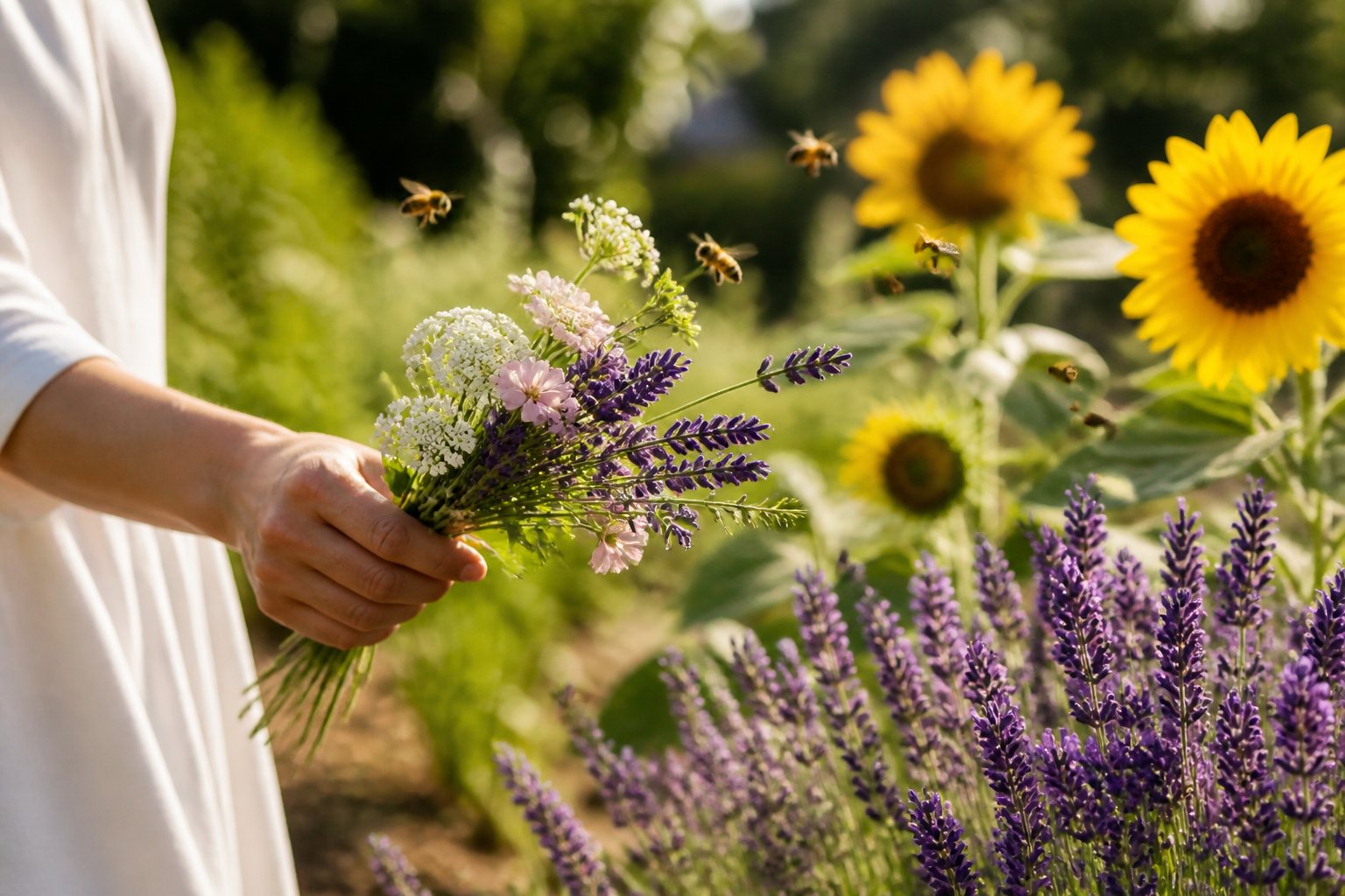 A person gently holding wildflowers in a garden with bees flying nearby around blooming flowers.