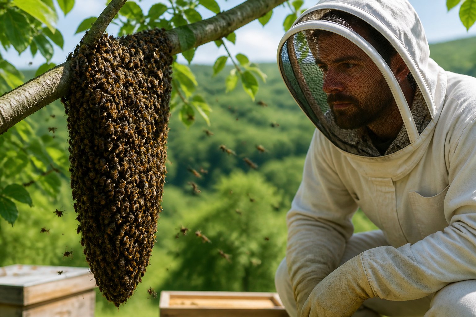 A beekeeper in protective clothing observes a large cluster of bees swarming on a tree branch outdoors.