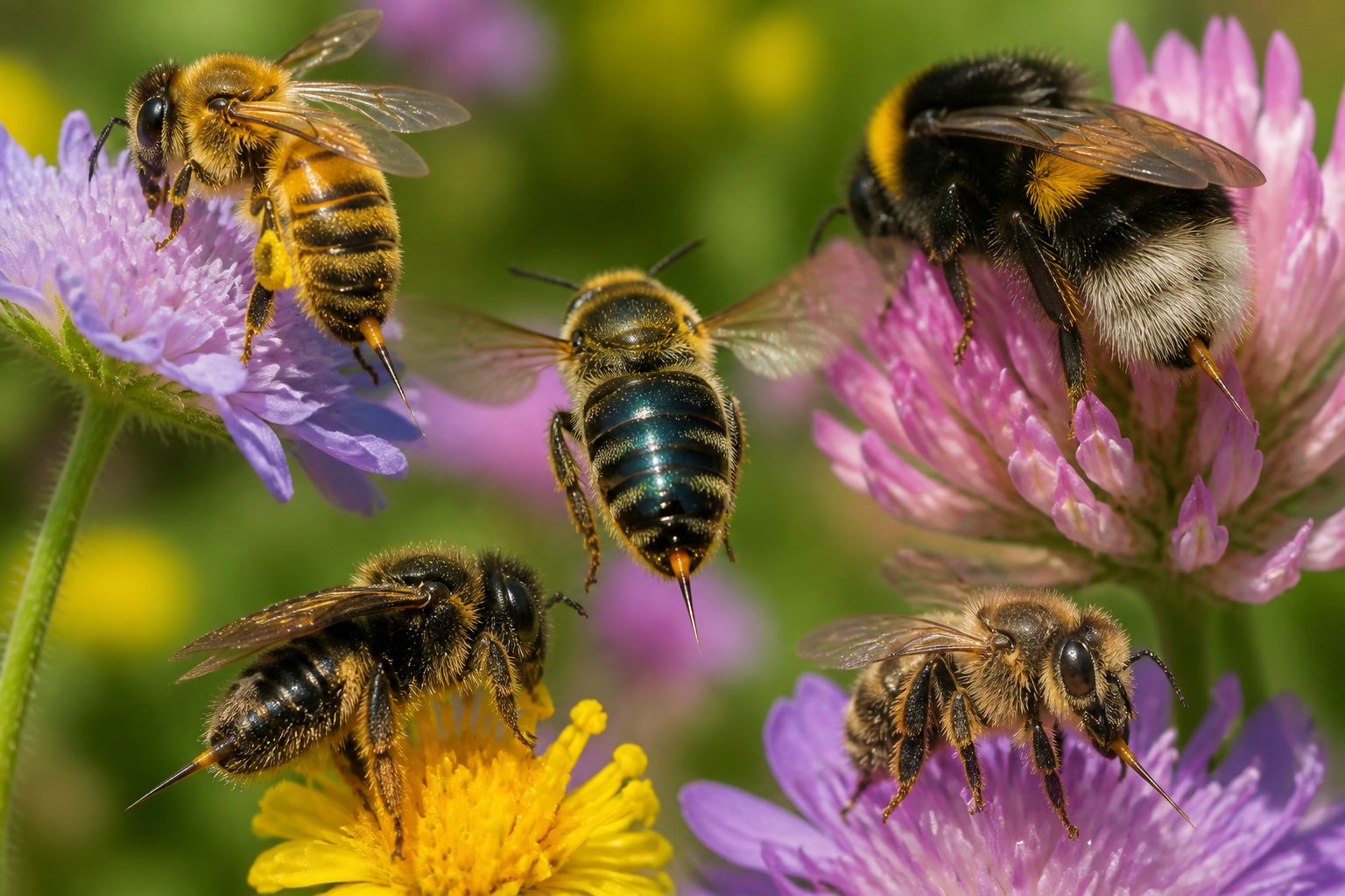Several different bees on flowers showing their stingers in a natural outdoor setting.