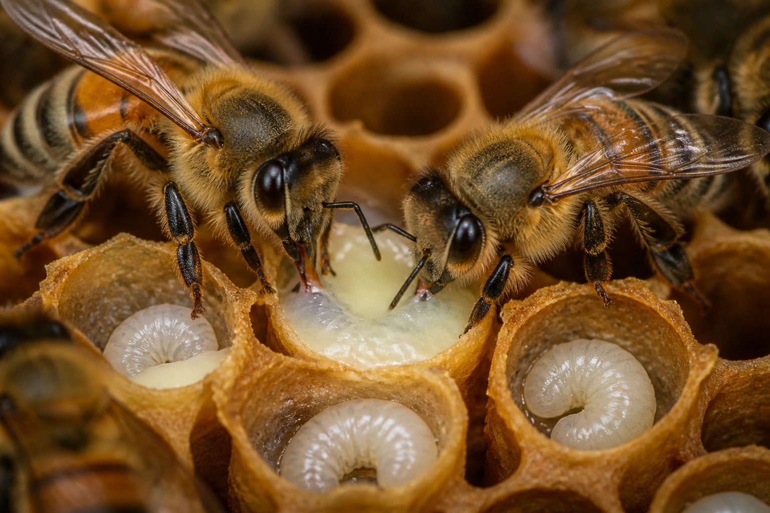 Close-up of bees feeding royal jelly to larvae inside honeycomb cells in a beehive.