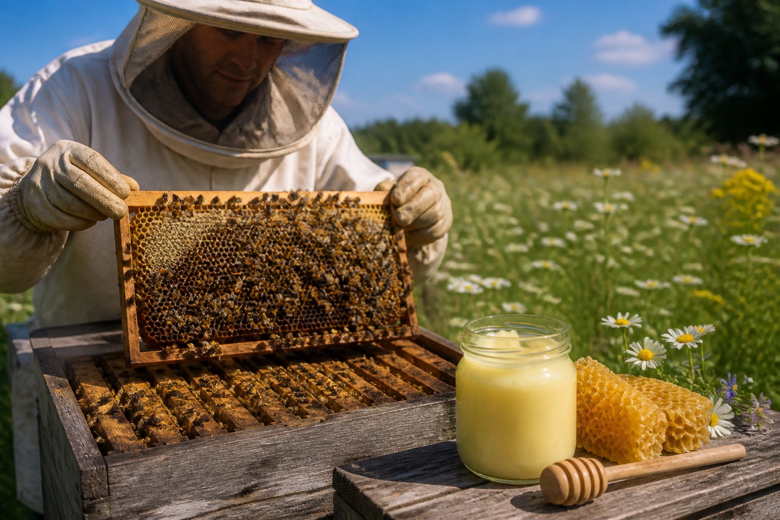 A beekeeper holding a beehive frame with bees, a jar of bee milk, honeycomb, and a honey dipper on a wooden table outdoors.