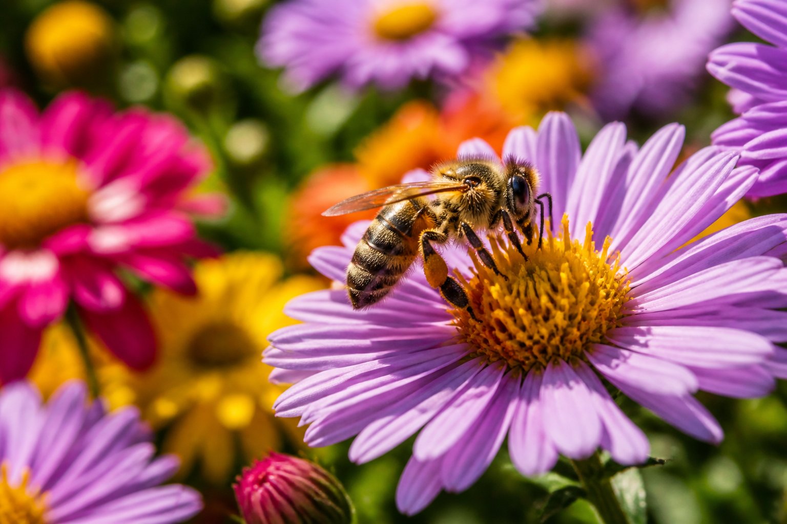 A honeybee collecting nectar from a blooming flower in a garden.