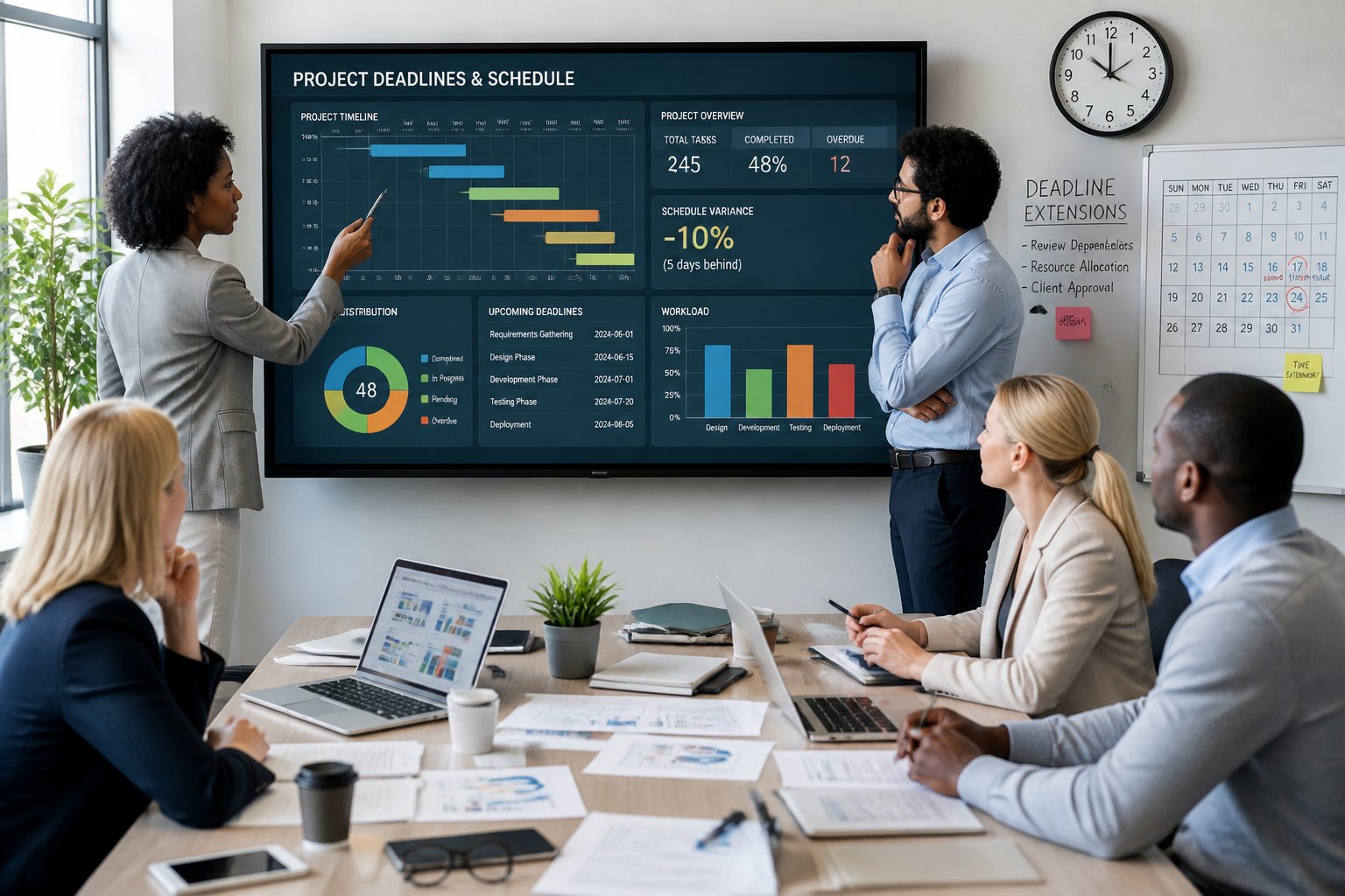 A group of business professionals discussing project timelines and schedules around a conference table with charts and documents.