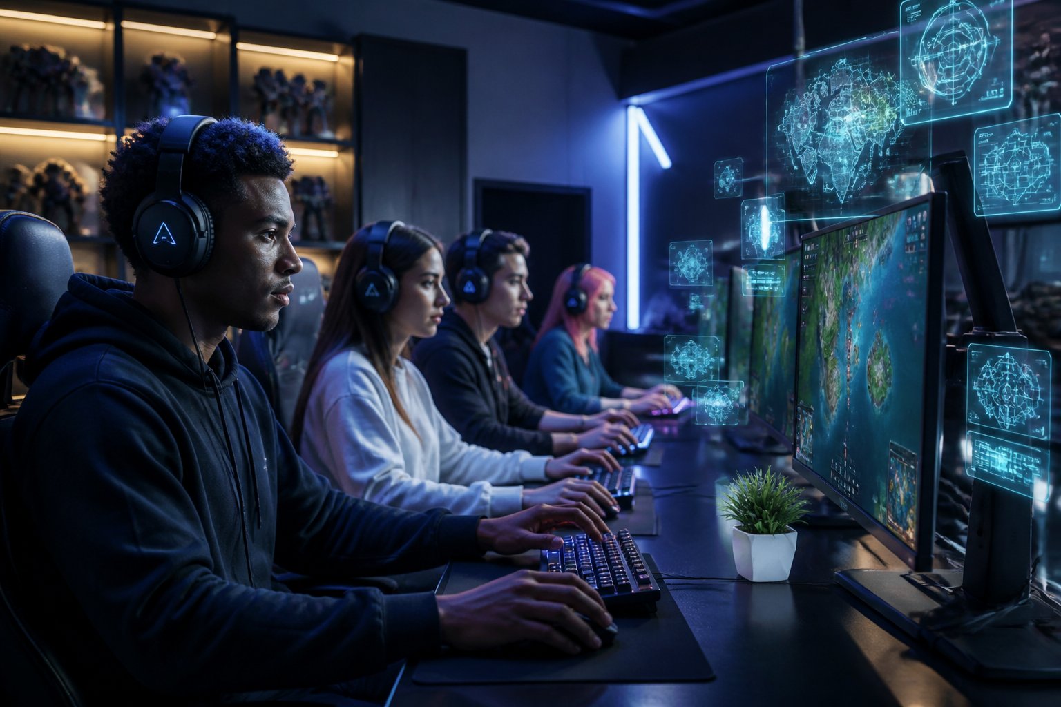 A group of gamers concentrating on their screens in a modern gaming room with multiple monitors and ambient lighting.