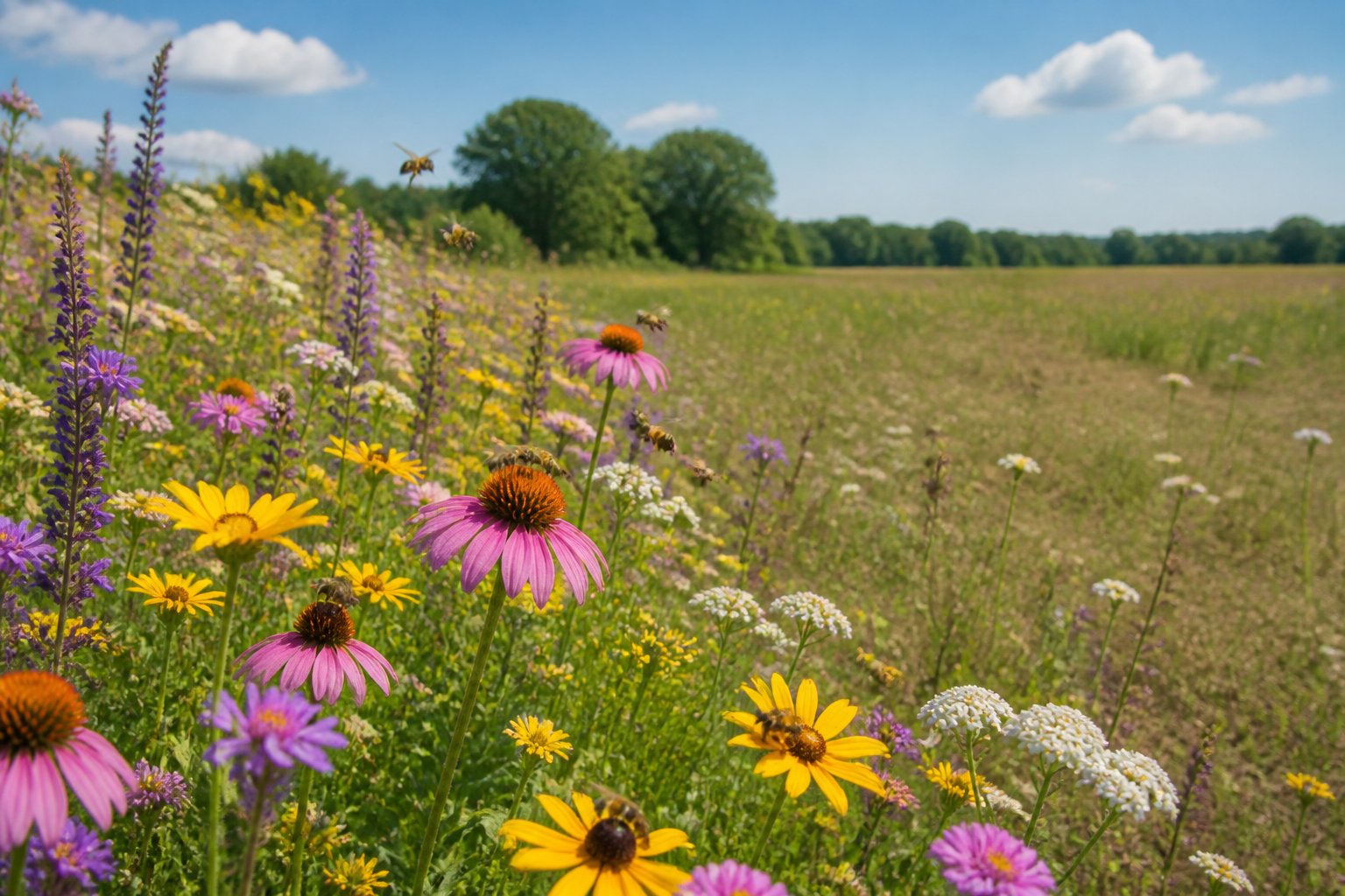 A meadow with blooming flowers and bees flying and pollinating, with a background area showing fewer flowers and bees.