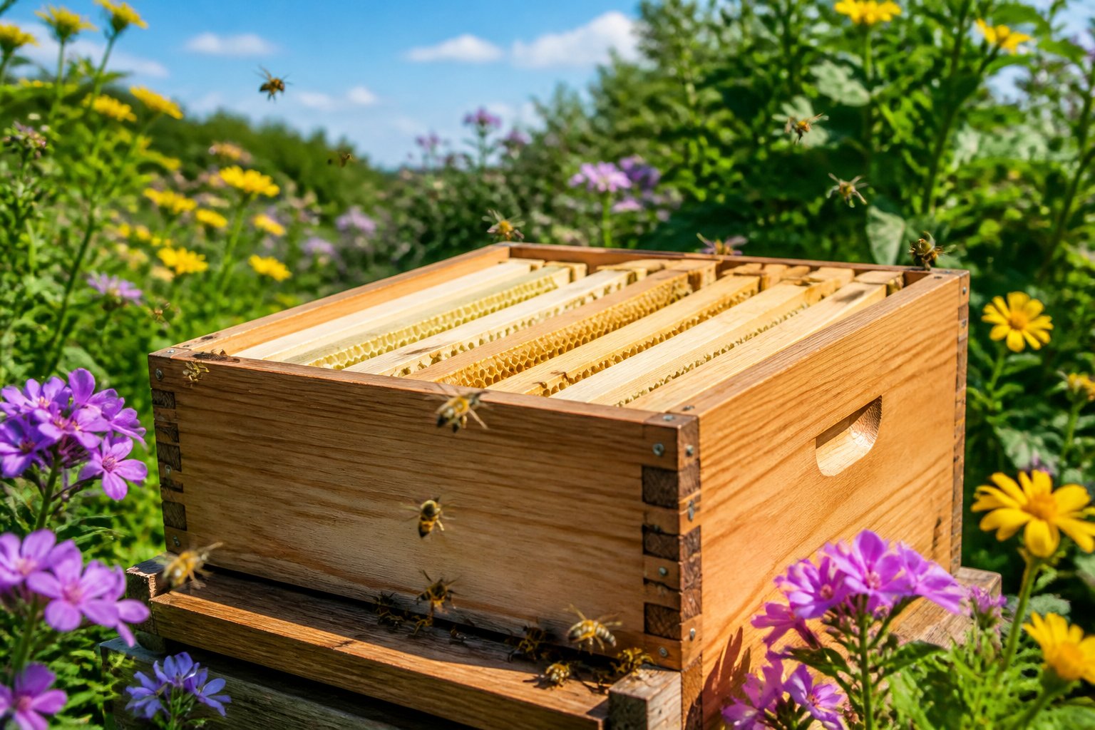 Empty wooden beehive in a blooming garden with honeybees flying around and landing on the hive and flowers.
