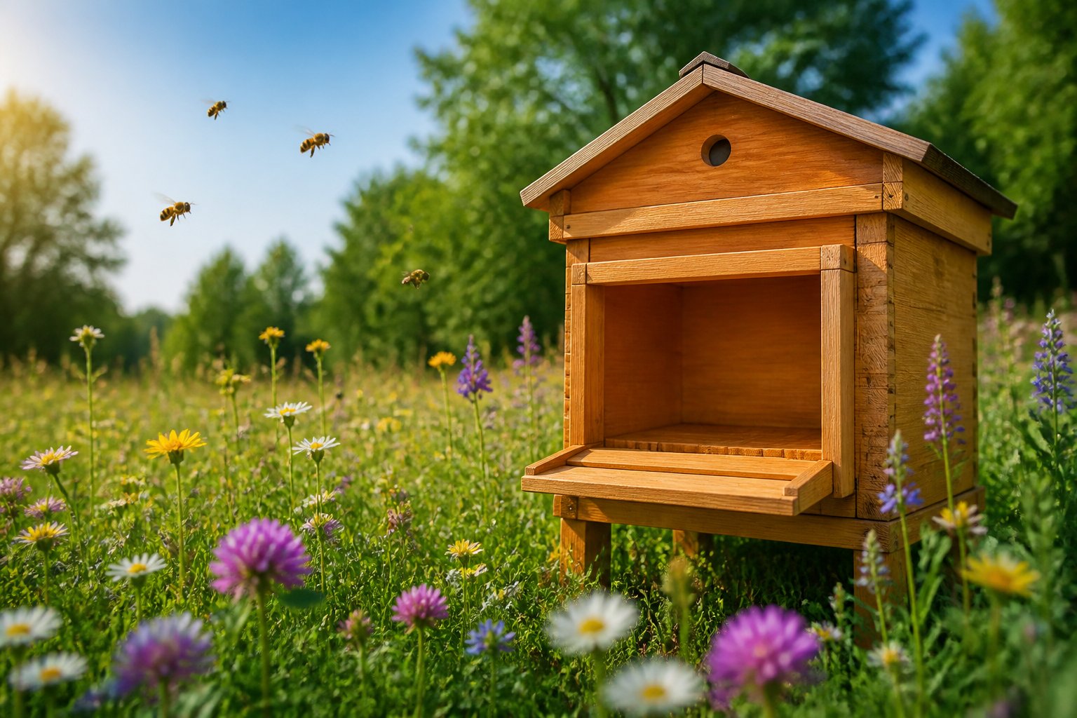 An empty wooden beehive in a green meadow with wildflowers and bees flying nearby under a clear sky.