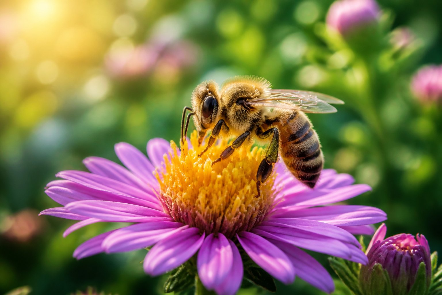 A honeybee resting on a bright flower in a green garden.