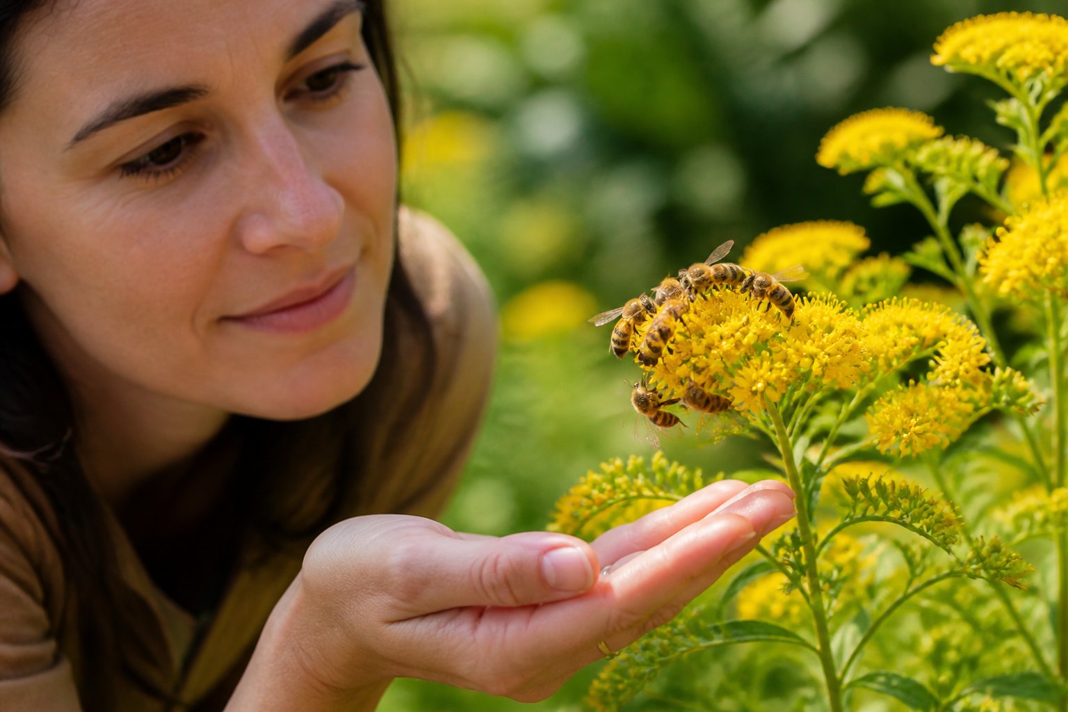 A person gently observing honeybees on yellow flowers in a sunlit garden.