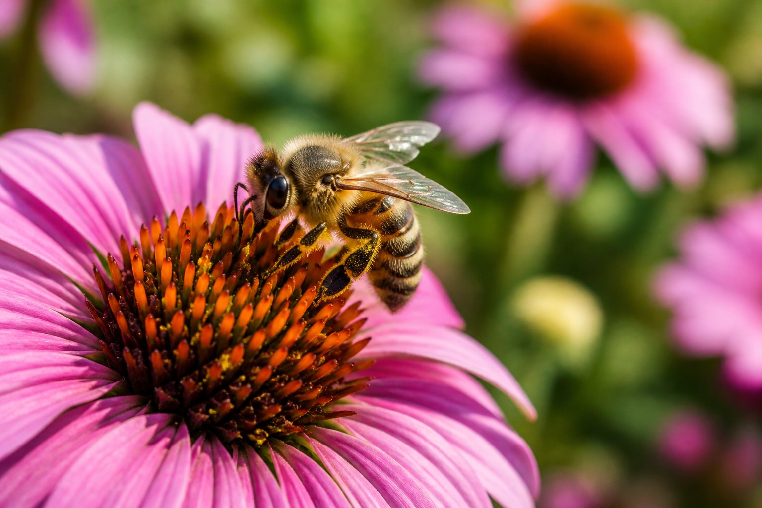 A honeybee resting on a colorful flower surrounded by green plants.