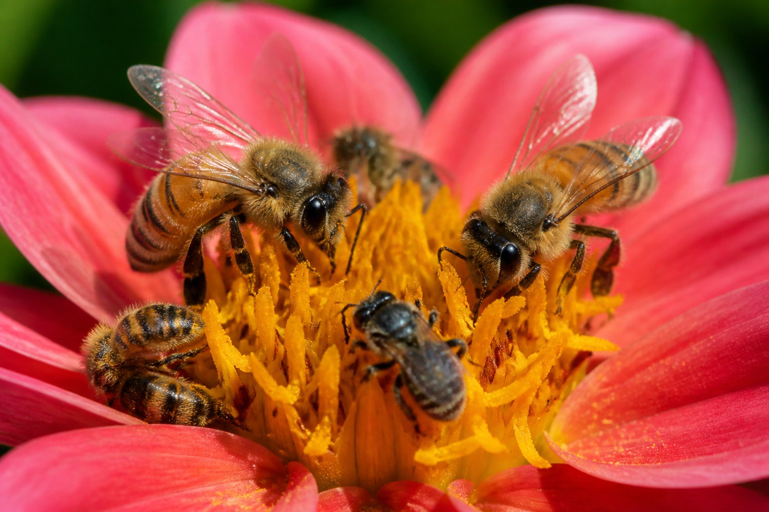 Close-up of different bees, including a stingless bee, gathering nectar on a colorful flower.
