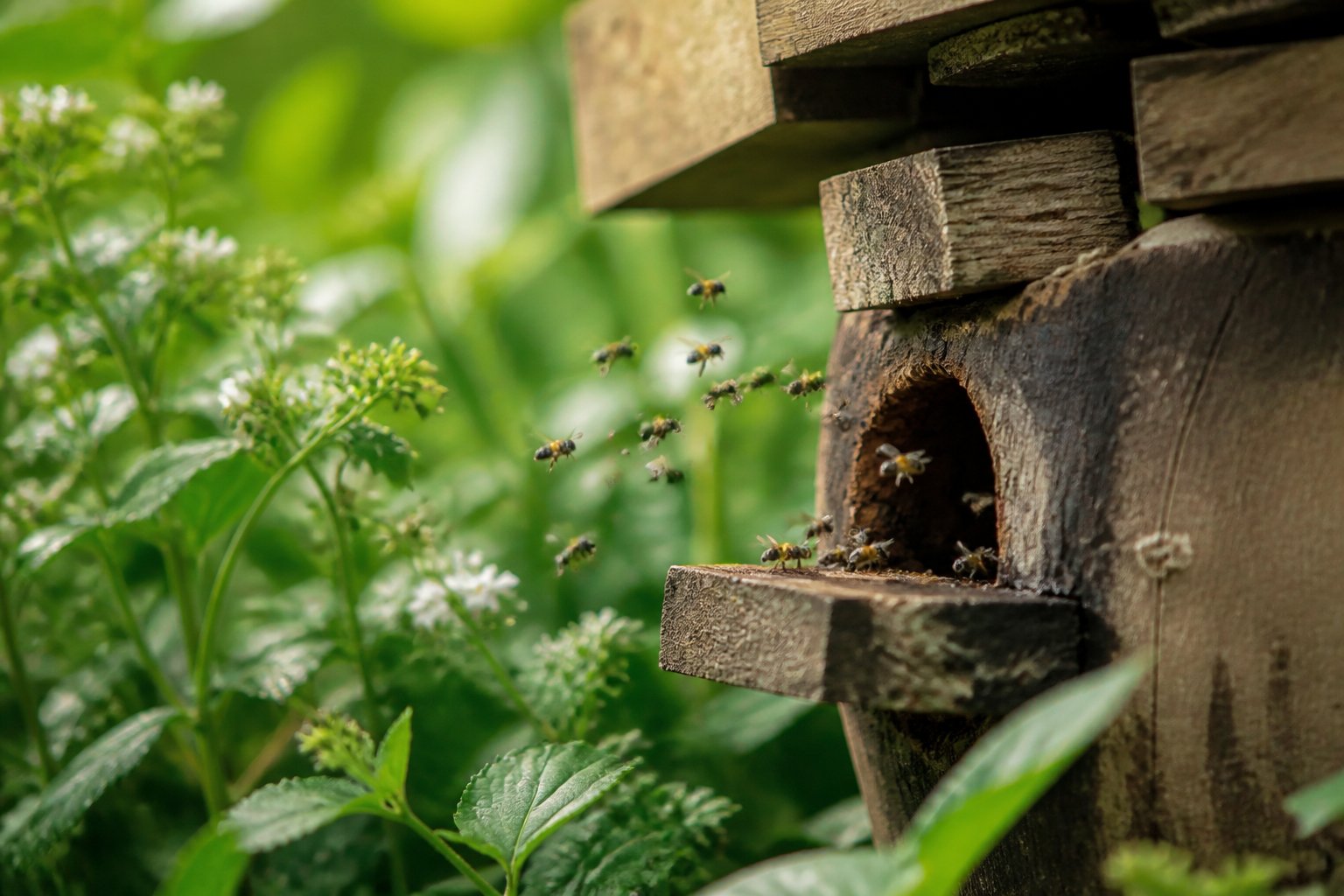 Close-up of stingless bees flying around the entrance of a wooden hive surrounded by green plants and flowers.