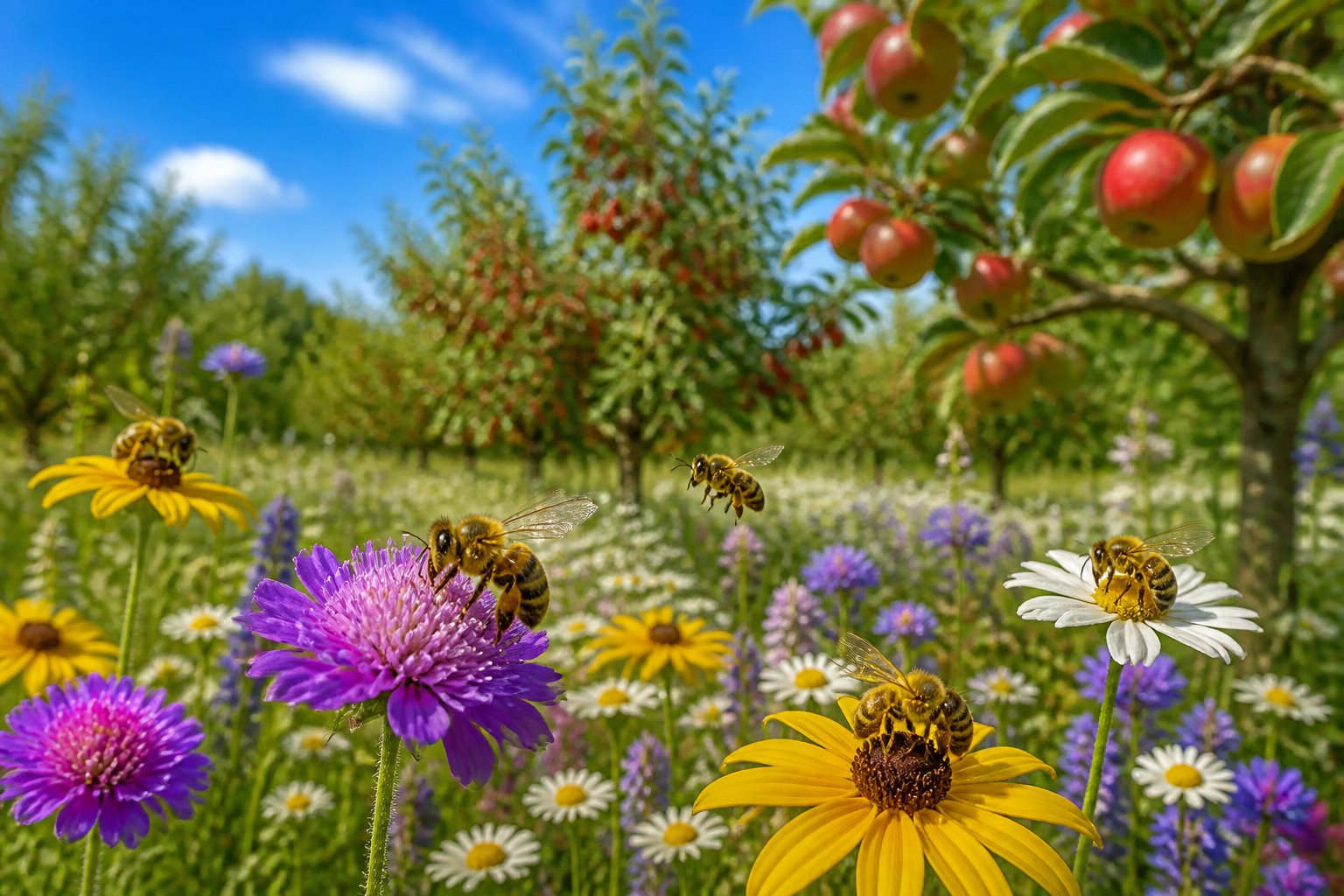 A meadow with colorful flowers and bees pollinating them, with fruit trees in the background.