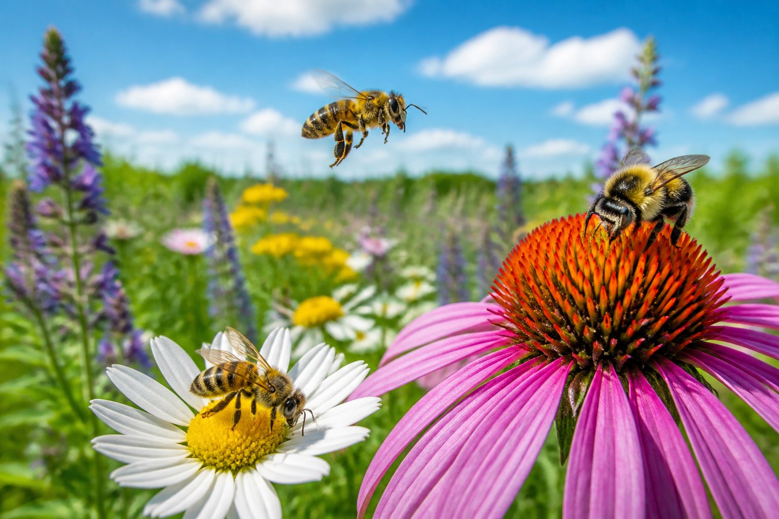 Close-up of bees pollinating colorful flowers in a green meadow under a clear blue sky.