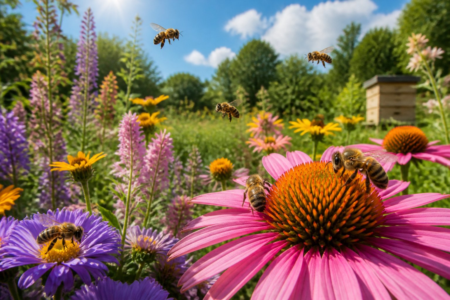 A garden with blooming flowers and honeybees collecting nectar in a sunny natural setting.
