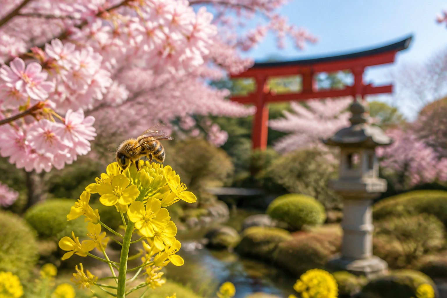 A honeybee collecting nectar from a yellow flower in a Japanese garden with cherry blossoms and a red torii gate in the background.