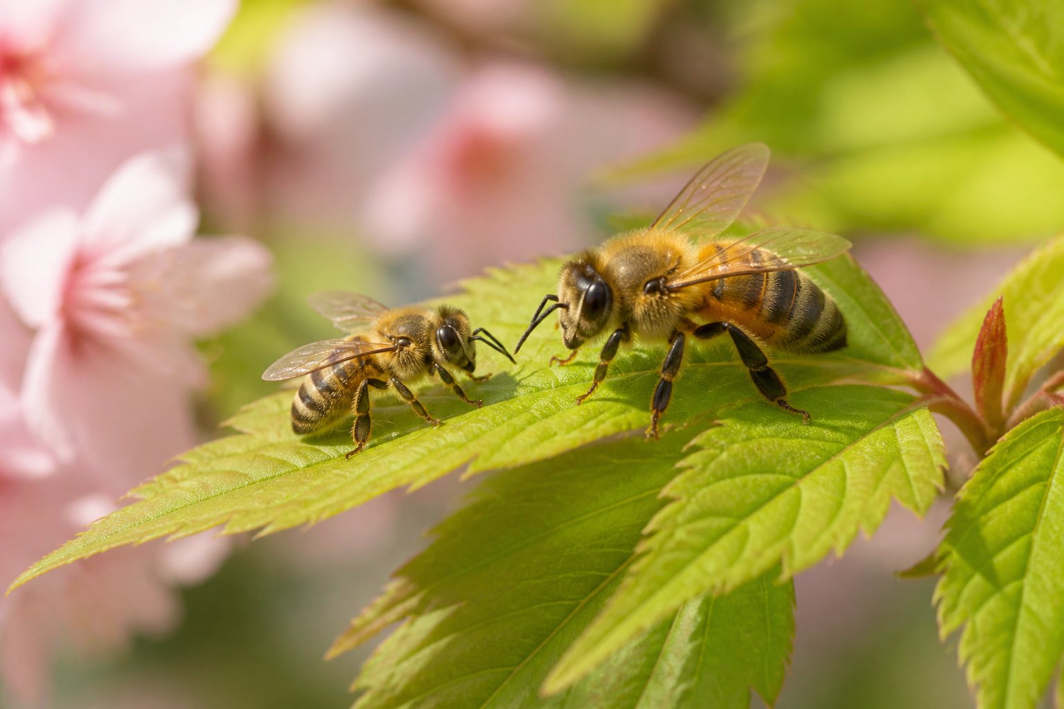 Close-up of a Japanese honeybee and a Western honeybee on green leaves in a natural outdoor setting.