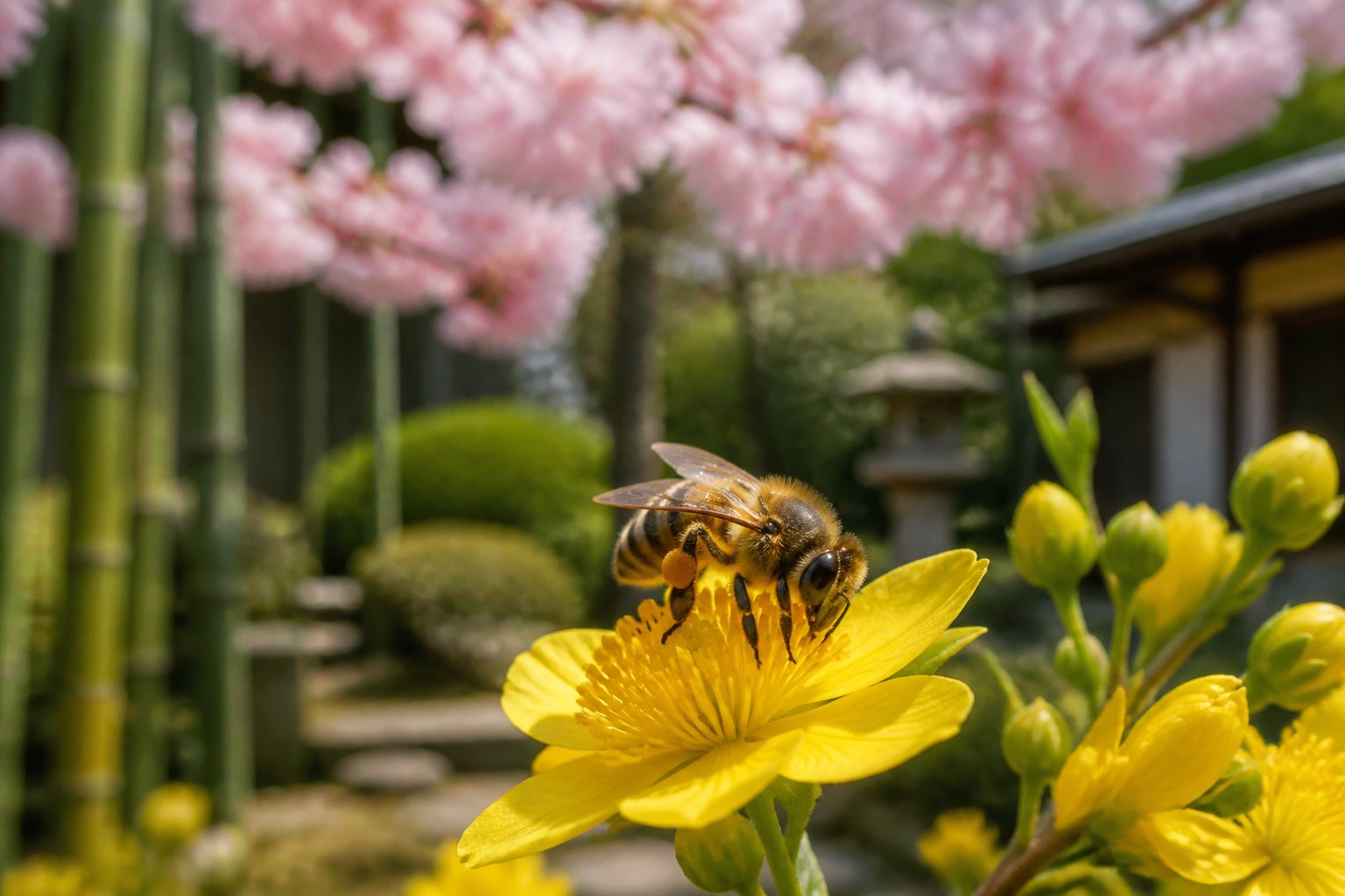 A Japanese honeybee collecting nectar from a yellow flower in a garden with cherry blossoms and bamboo in the background.