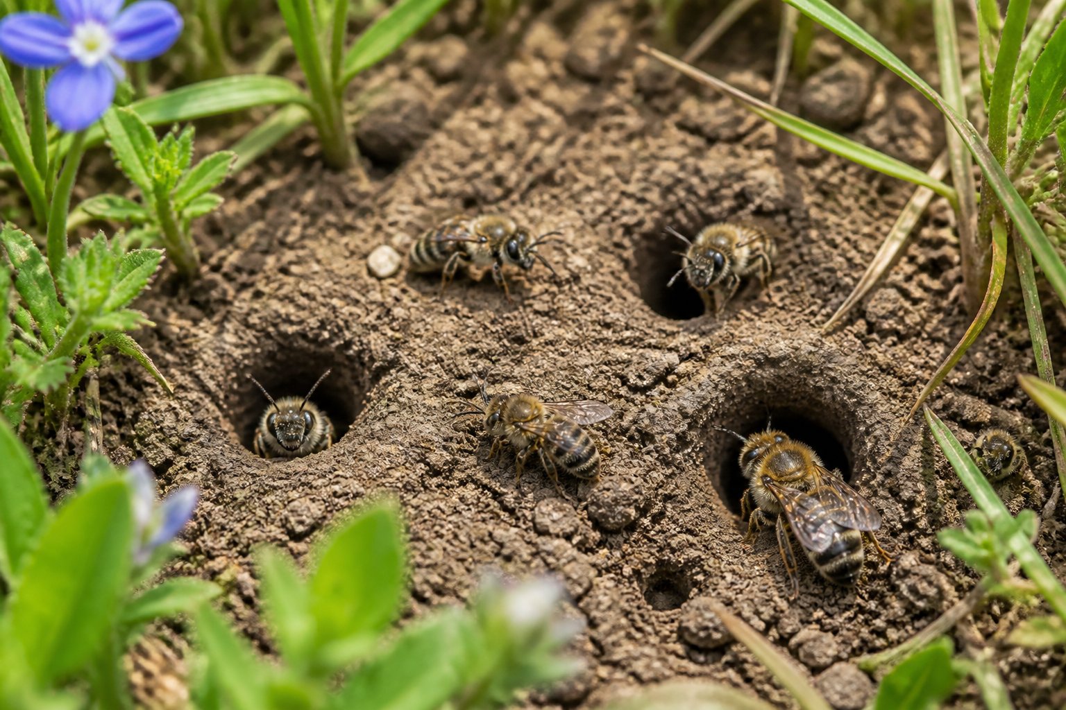 Close-up of solitary bees entering and exiting small holes in the soil surrounded by grass and wildflowers.