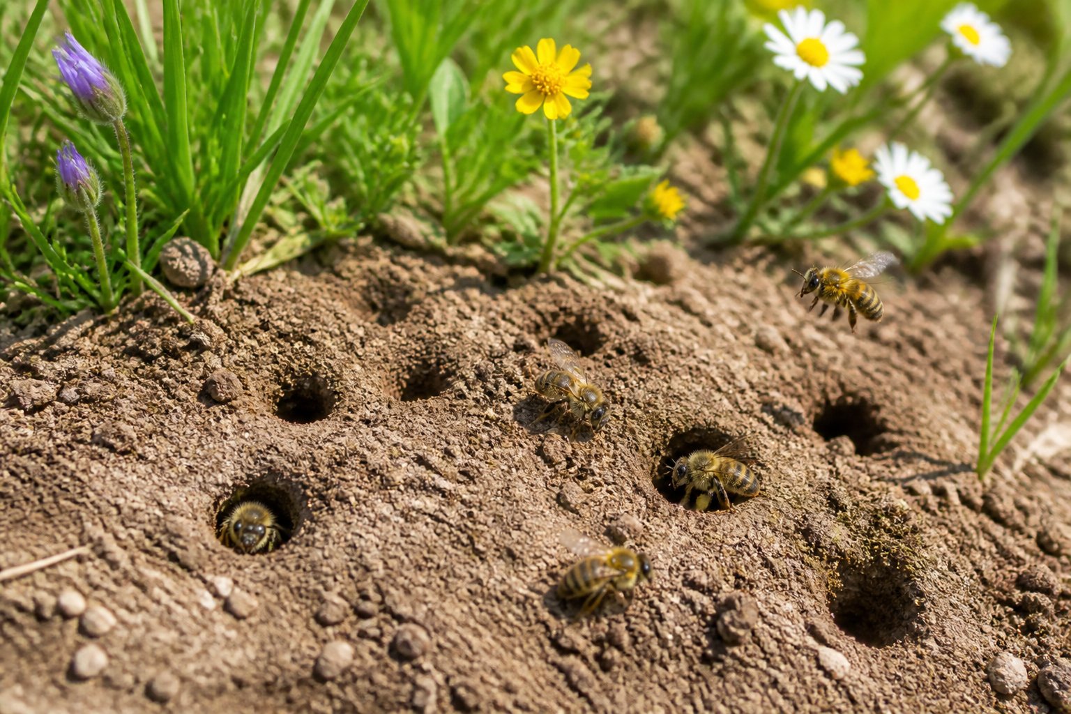 Close-up of bees nesting in small holes in the soil surrounded by grass and wildflowers.