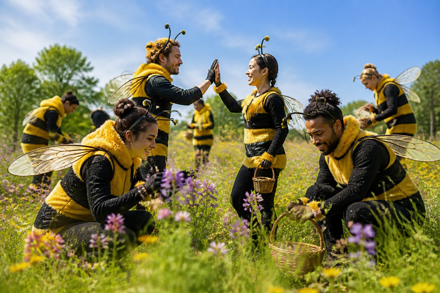 People wearing realistic bee costumes working together in a flower-filled meadow under a clear sky.