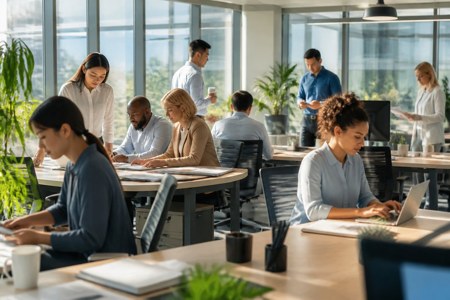 A group of people working together in a bright modern office, engaged in various tasks around a table.