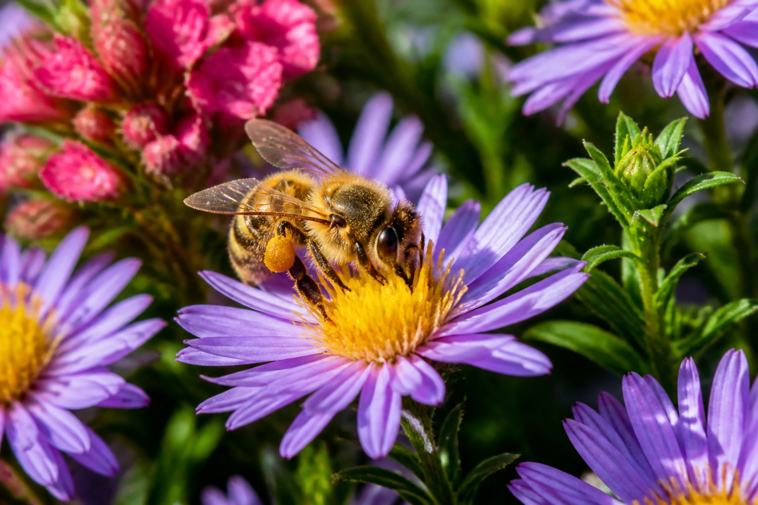A close-up of a bee collecting nectar from colorful flowers in a sunlit garden.