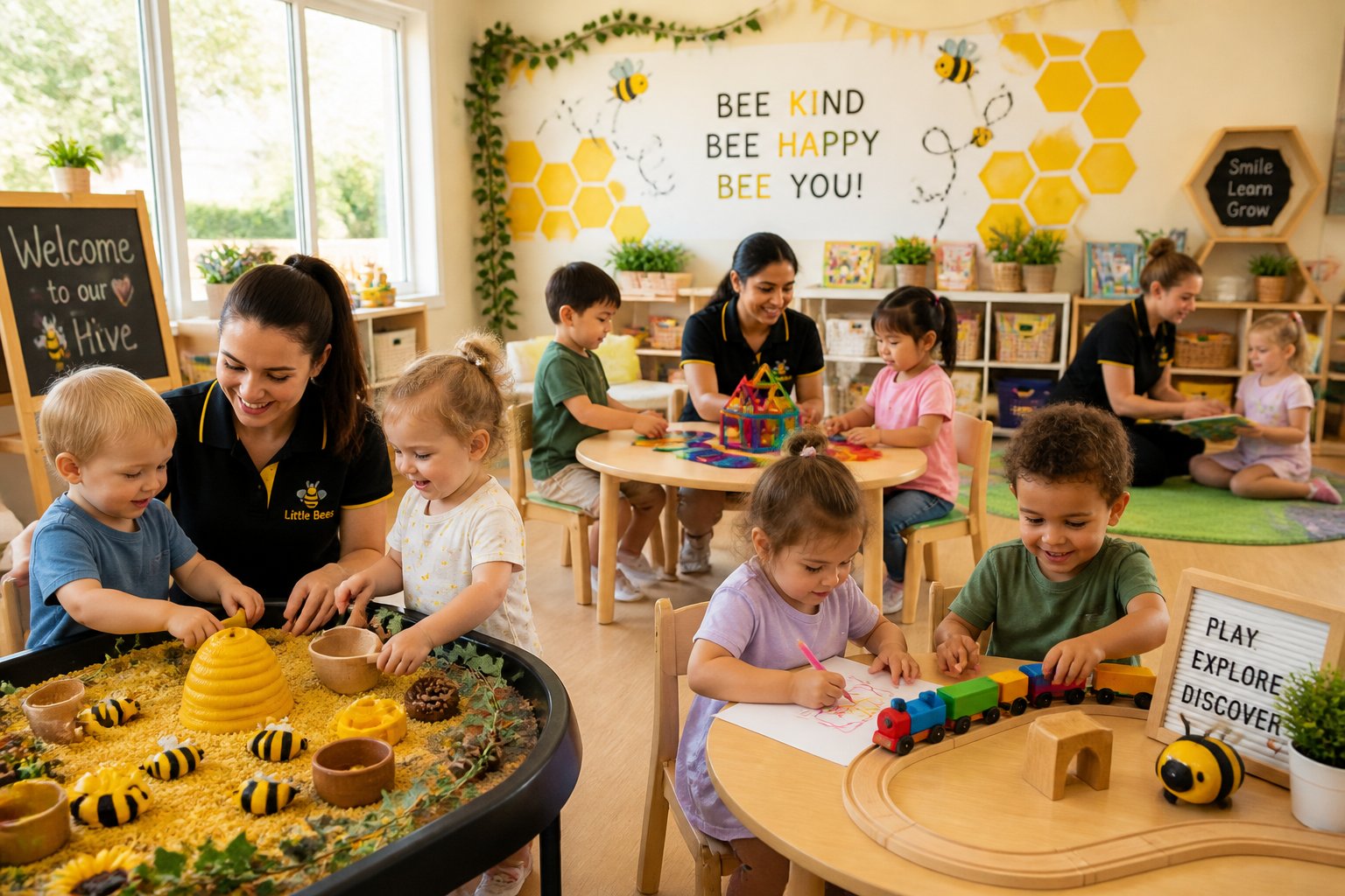 Young children playing and learning in a bright childcare classroom with caregivers nearby.