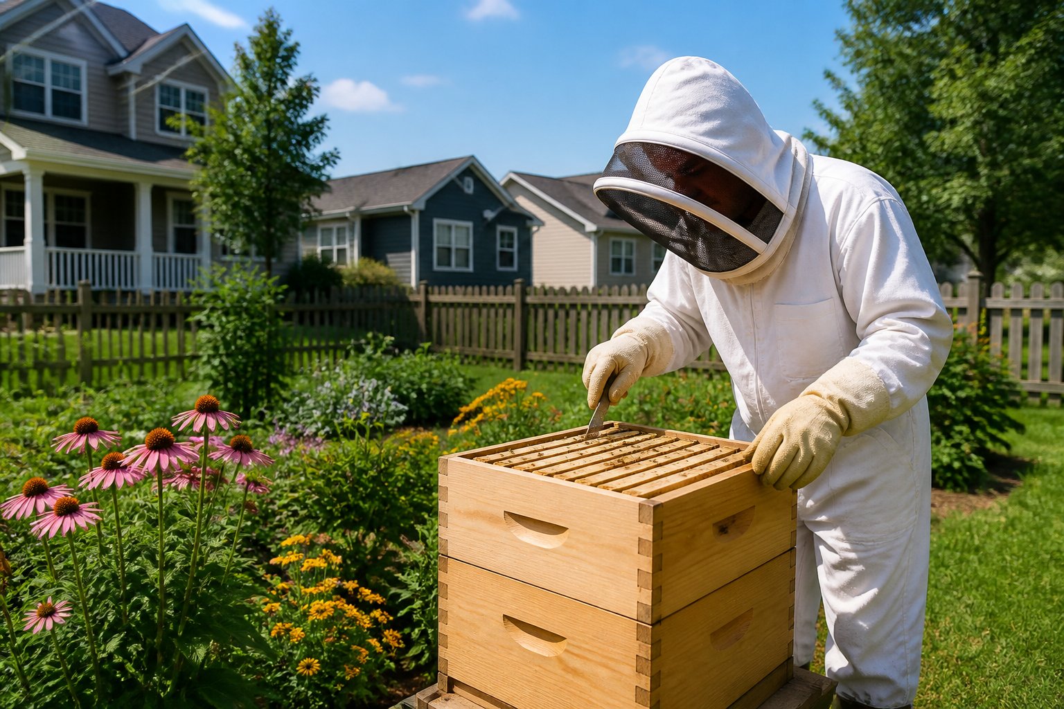 A person in a beekeeping suit inspecting a beehive in a residential garden surrounded by houses and greenery.
