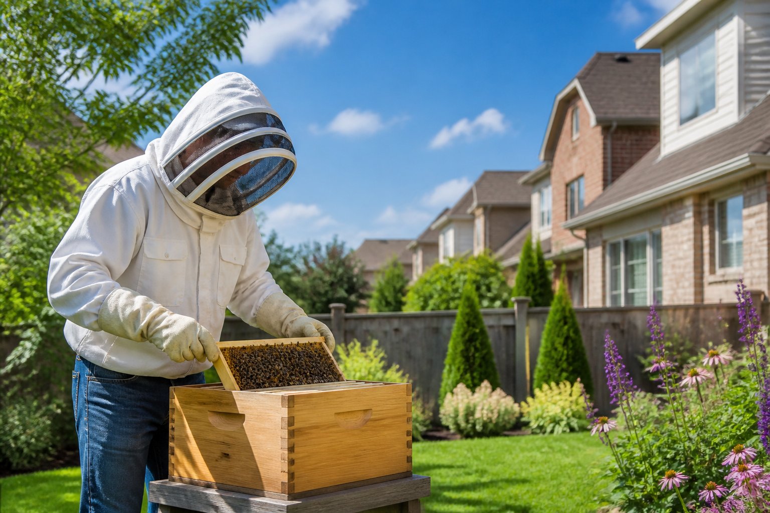 Person in protective beekeeping gear inspecting a beehive in a backyard of a suburban neighborhood.
