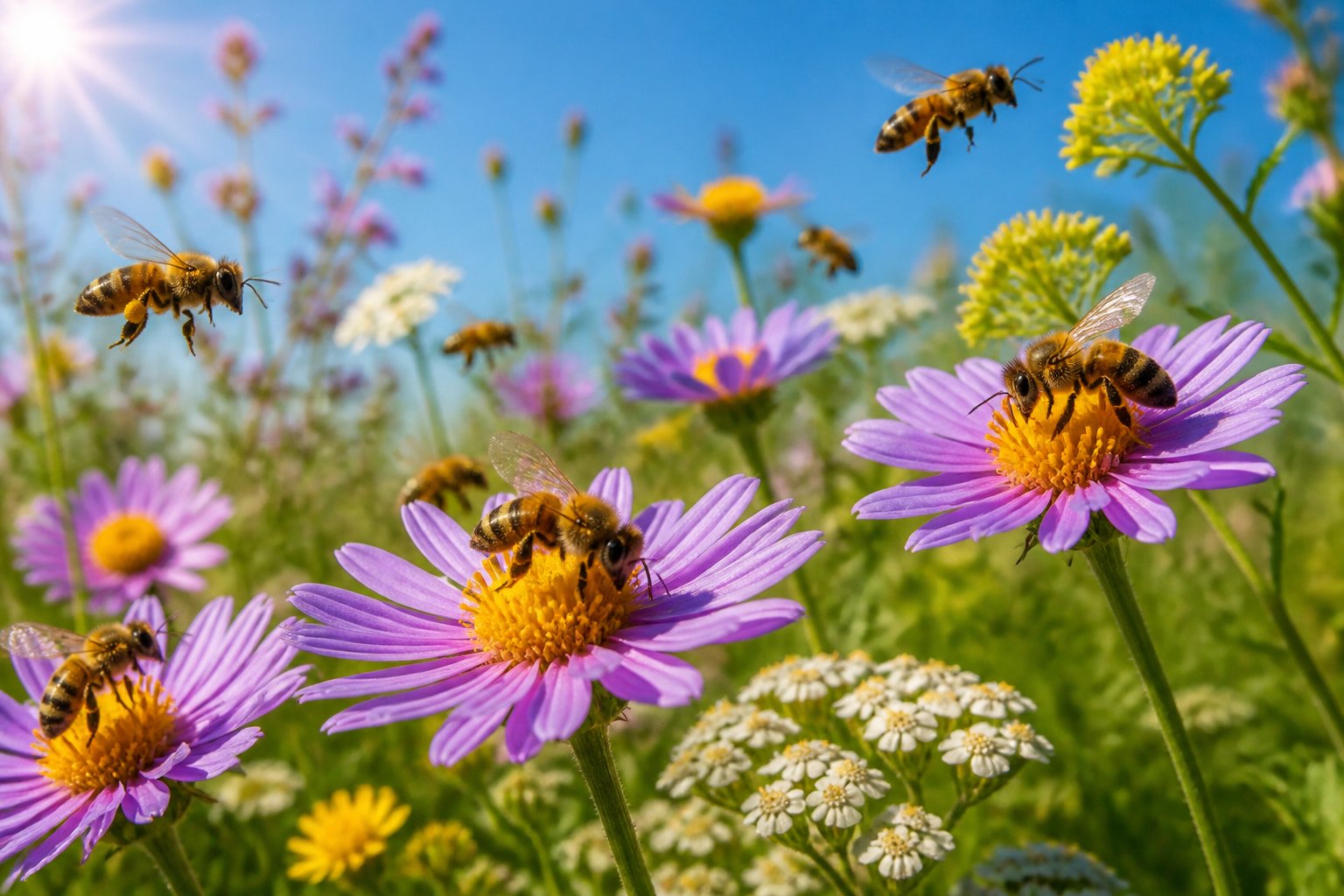 Close-up of bees pollinating colorful flowers in a green meadow under a clear blue sky.