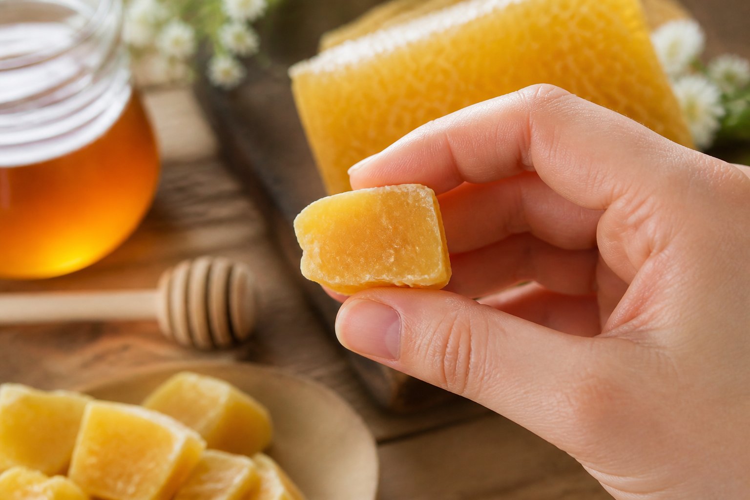 A close-up of a hand holding a small piece of beeswax with honeycomb and a jar of honey in the background.